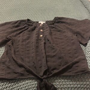 Black Short Sleeve Crop Blouse with Tie Front